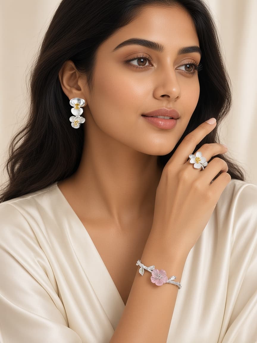 Indian model wearing phalaenopsis earrings, flower bracelet and floral ring
