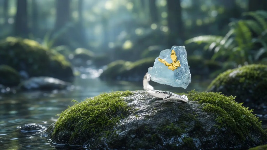 Aquamarine butterfly ring on moss beside a forest stream