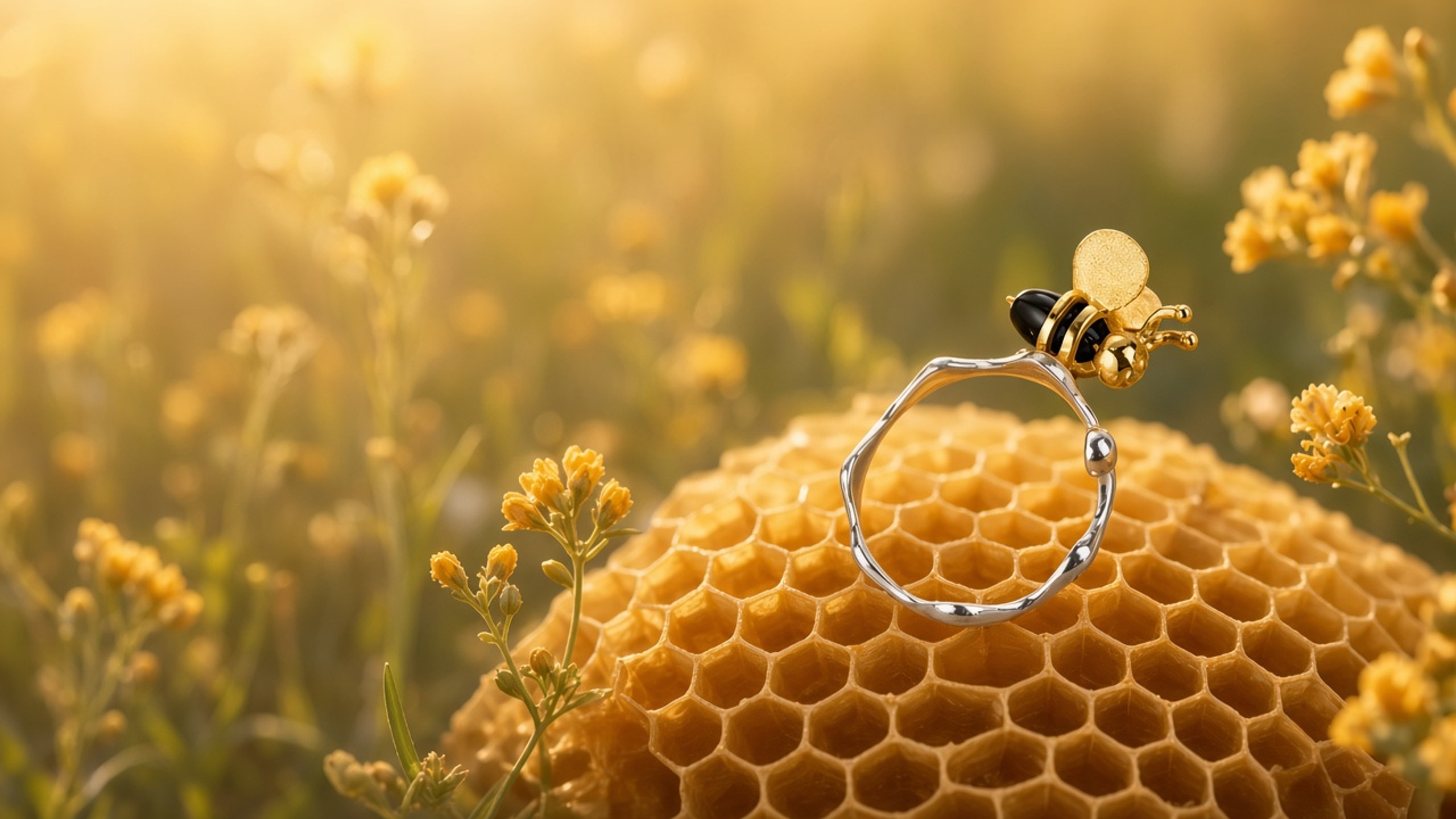 Honeybee ring on honeycomb among golden wildflowers