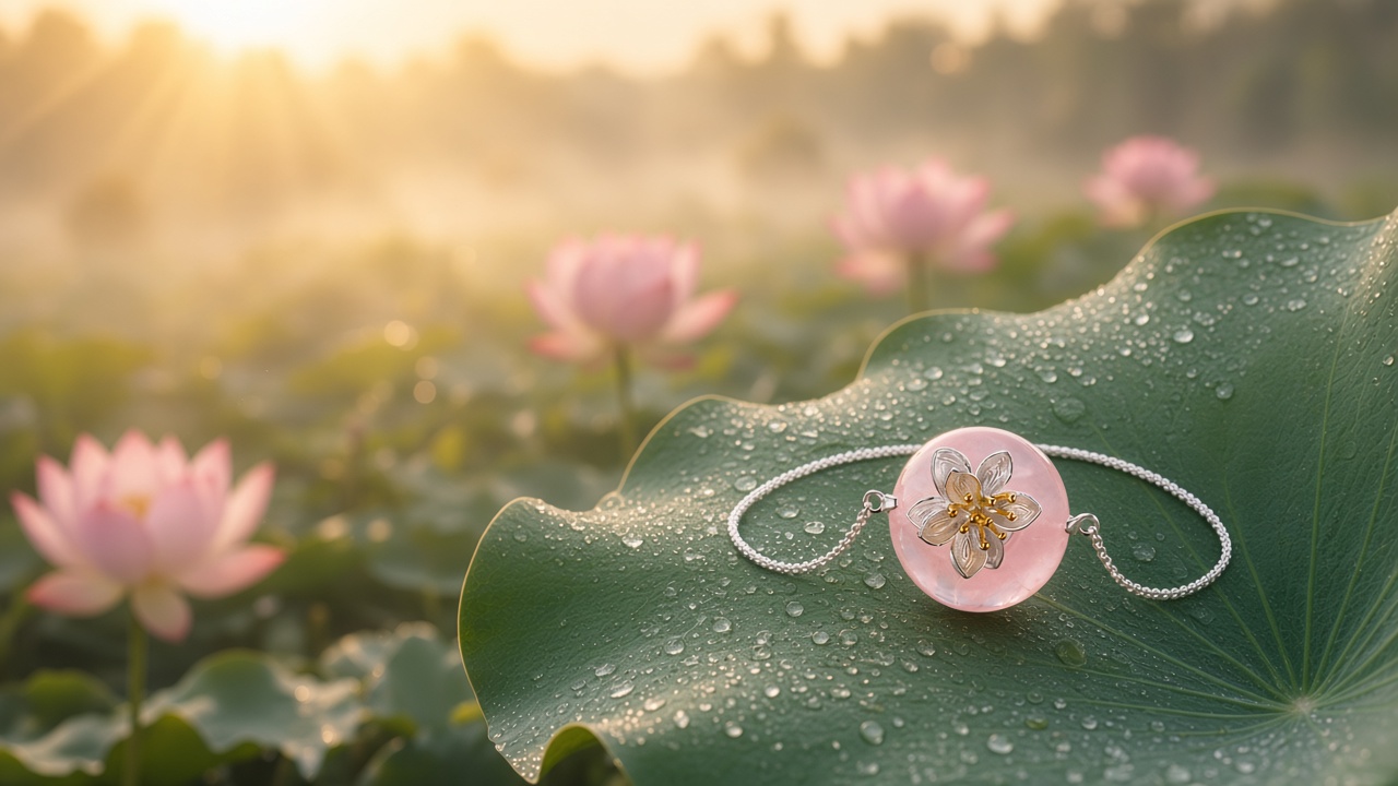 Bracelet resting on a dewy lily pad