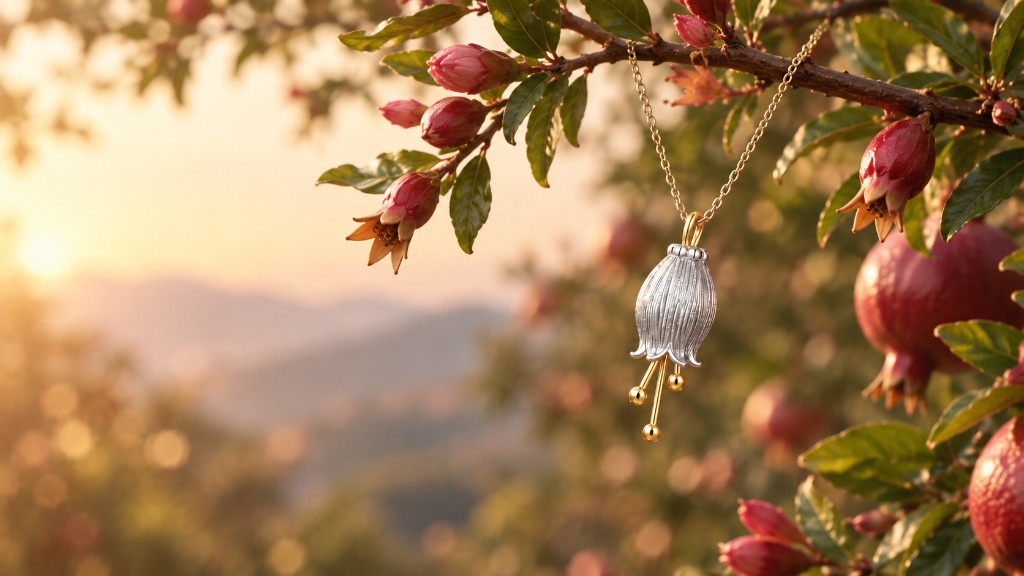 Pomegranate pendant necklace hanging from a fruiting branch at golden hour