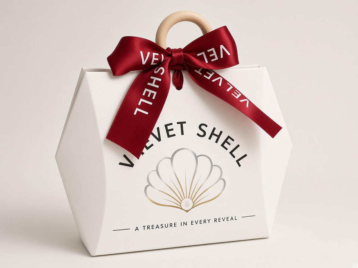 Velvet Shell white gift bag with branded burgundy ribbon