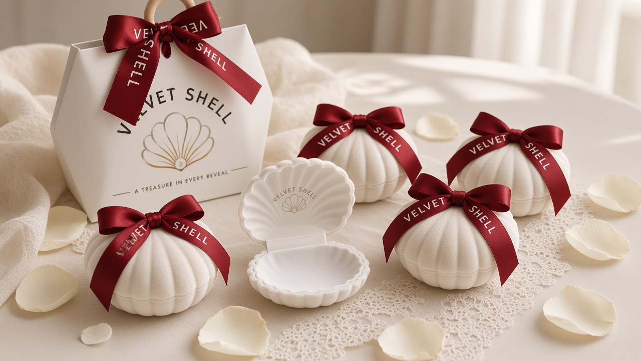 Velvet Shell wedding favours with shell boxes and ribbons