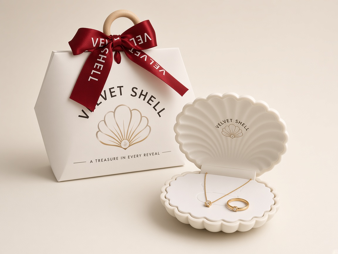 Velvet Shell gift bag and open shell case