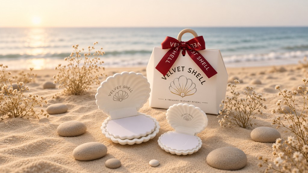 Velvet Shell gift bag and shell boxes on the beach at sunrise