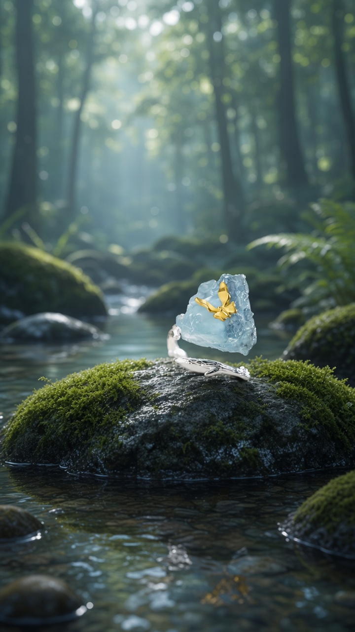 Aquamarine butterfly ring on moss beside a forest stream