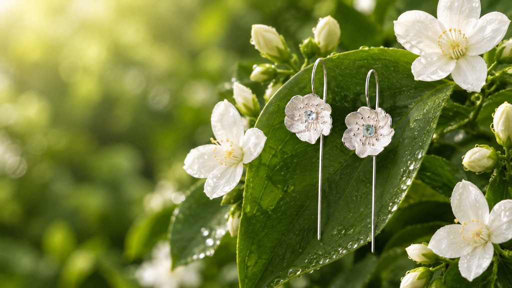 Floral silver threader earrings on a dewy garden leaf