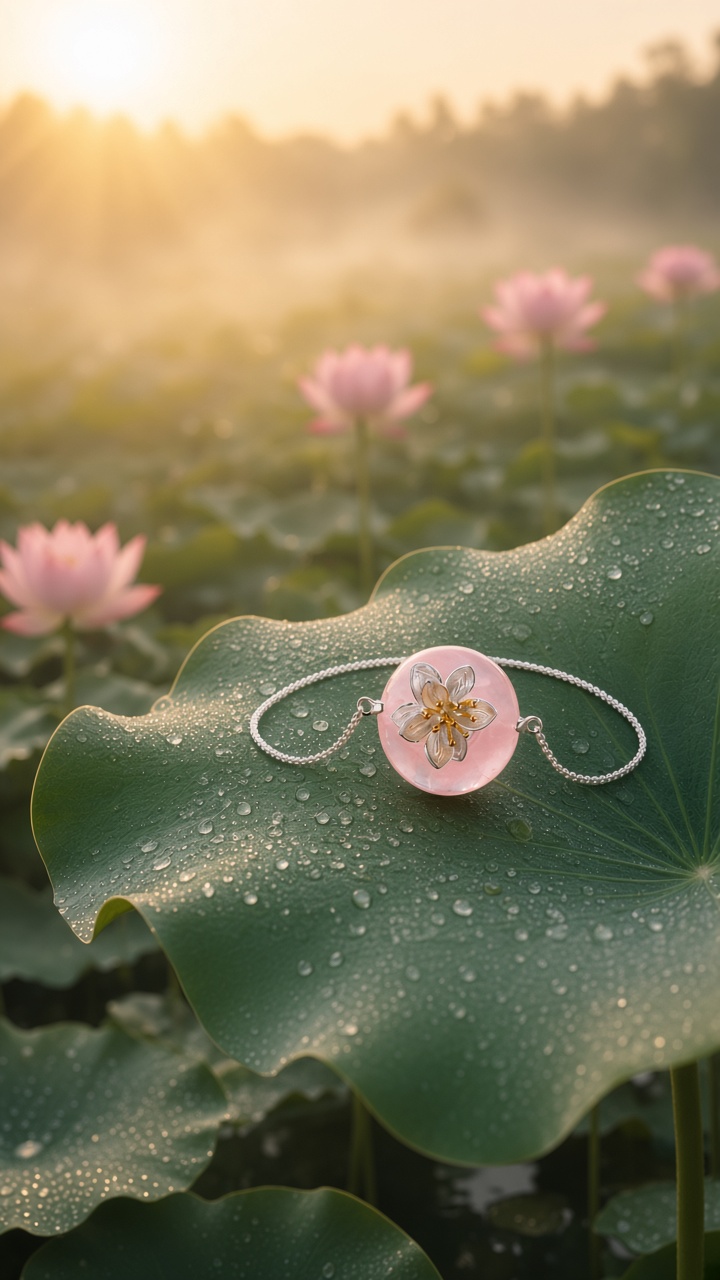 Bracelet resting on a dewy lily pad