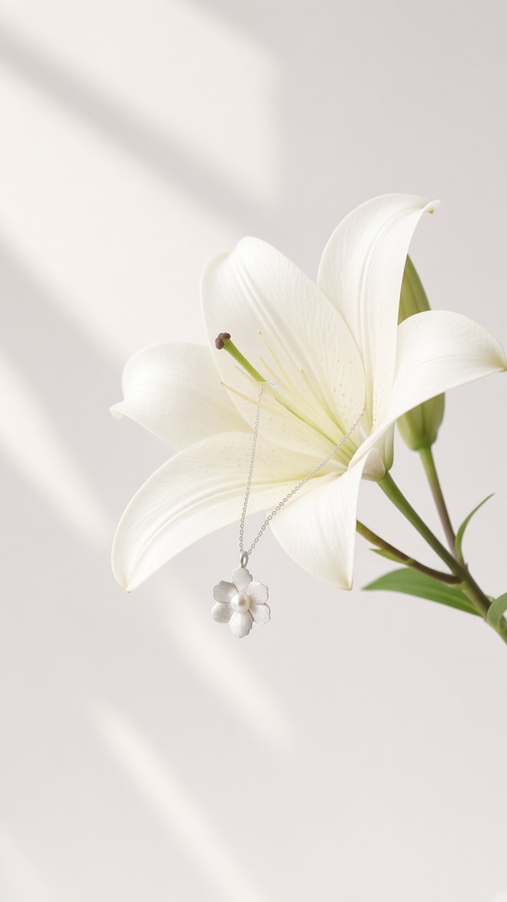 Nature-inspired necklaces — silver floral pendant on a white lily