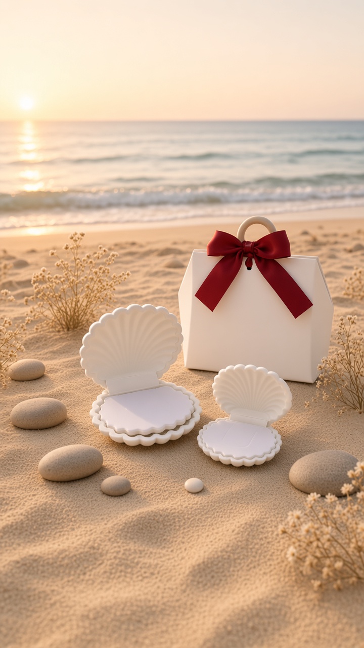 Velvet Shell gift bag and shell boxes on the beach at sunrise