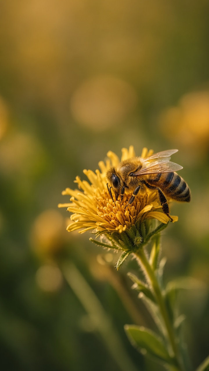 Nature storytelling — honeybee on a golden wildflower